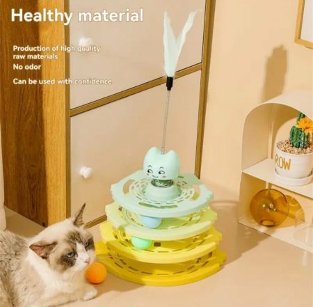 Jouet Interactif pour Chat avec Piste à Quatre Niveaux et Plume Teaser