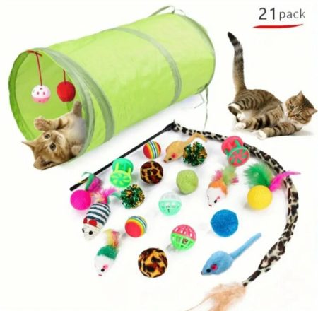 Ensemble de jouets pour chats comprenant des éléments interactifs tels que des tunnels