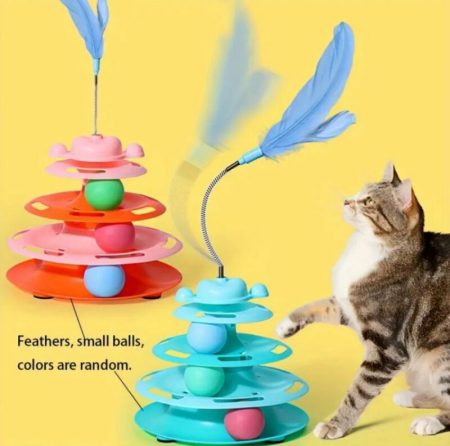 Jouet interactif 4 niveaux pour chats avec plume et balles