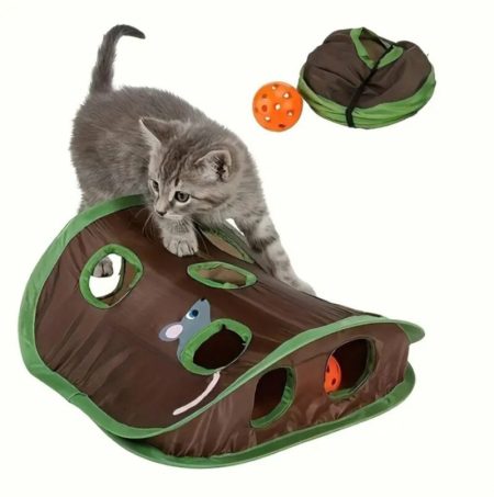 Tunnel interactif pliable pour chats 9 trous avec jouets